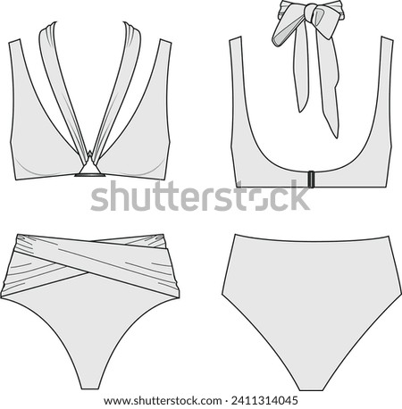 Technical flat sketch of swimming suit, with front and back view, separate bikini swimming suit with twisting details. Vector illustration EPS 10