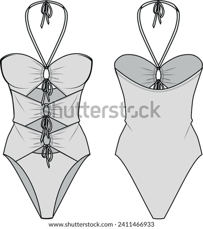 Technical flat sketch of swimming suit, with front and back view, one piece swimming suit with twisted details. Vector illustration EPS 10