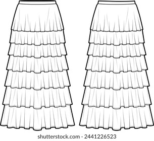 Technical flat sketch of Tiered long skirt. Layered maxi skirt with flounce hem. Front and back apparel. Vector mock up Template. 