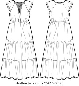 Technical Flat Sketch of Tiered Maxi Dress with Ruffled Sleeves and Tie Neck – Front and Back Views