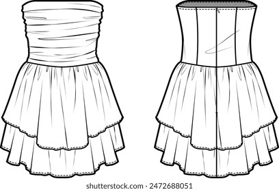 Technical flat sketch of Tube mini dress. Ruched body one-piece with layered ruffle skirt. Front and back apparel. Vector mock up Template. 