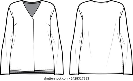 Technical flat sketch of Tuck V-neck Blouse. Pleat detailed top. Front and back apparel. Vector mock up Template. 