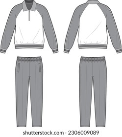 Technical Flat sketch of unisex tracksuit set. Front and back sketch mock up. Collar sweatshirt with half zip-up placket and sweatpants. Training suit. Long sleeve tops, easy pull on bottoms.