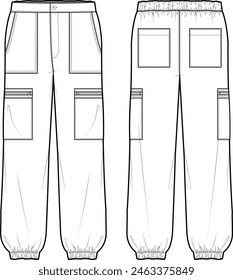 Boceto plano técnico de los pantalones de jogger de utilidad. Parte inferior larga de baja altura con bolsillos de parche de carga. Ropa delantera y trasera. Vector de maqueta de Plantilla. 