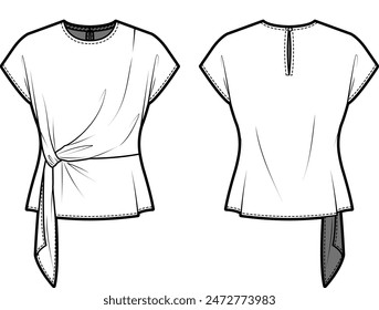 Technical flat sketch of Waist knotted blouse. Waist self tie occasion career top with tuck and gathered details. Front and back apparel. Vector mock up Template. 