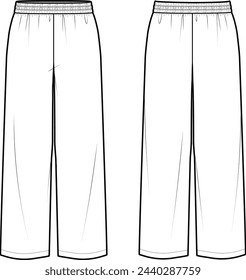 Technical flat sketch of Wide pants. Elasticated waistband sweatpants. Shirring detailed pull-on pants. Front and back apparel. Vector mock up Template. 