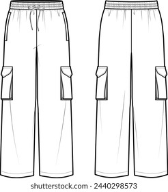 Technical flat sketch of Wide pants. Elasticated waistband cargo sweatpants with side pockets. Shirring detailed pull-on pants. Front and back apparel. Vector mock up Template. 