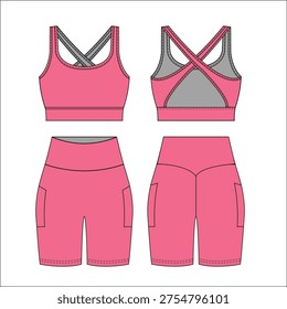 Technical flat sketch of women's activewear set vector template featuring cross back sports bra yoga leggings and biker shorts for fashion design.