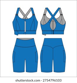 Technical flat sketch of women's activewear set vector template featuring cross back sports bra yoga leggings and biker shorts for fashion design.
