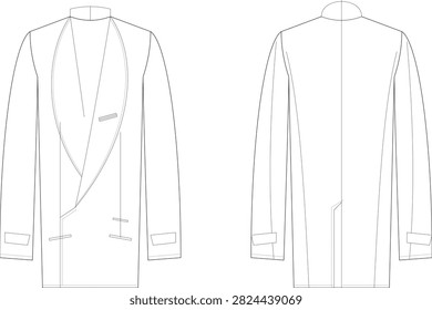 Technical flat sketch of a women's asymmetrical longline blazer featuring front and back views with a modern wrap front, notched lapel, welt pockets, and tailored silhouette. Ideal for fashion design, apparel development, technical packs, and garment manufacturing.