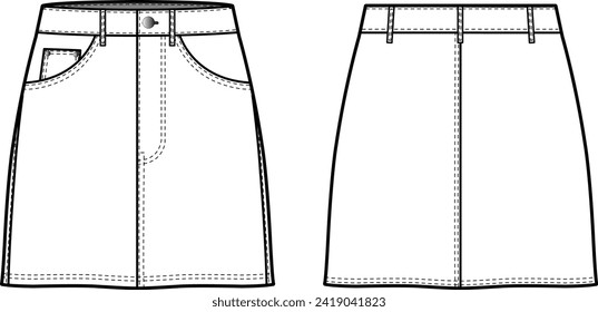 Technical flat sketch of Women's Denim Mini Skirt. Skirt with pockets and belt loops. Metal button, Zipper flip. Vector mock up Template. 