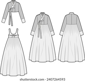 Technical flat sketch of Women's Hanbok. Traditional Korean attire. Crop jacket, skirt, volume sleeves, ribbon straps. Vector mock up Template. 