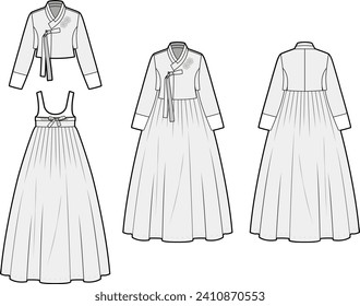 Technical flat sketch of Women's Hanbok. Traditional Korean attire. Crop jacket, skirt, volume sleeves, ribbon straps. Vector mock up Template. 