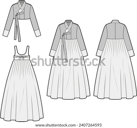 Technical flat sketch of Women's Hanbok. Traditional Korean attire. Crop jacket, skirt, volume sleeves, ribbon straps. Vector mock up Template. 