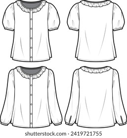Technical flat sketch of Women's ruffle blouse. Button down top with ruffle collar and puff sleeve. Front and back apparel. Vector mock up Template. 