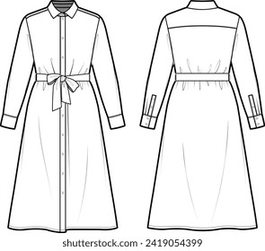 Technical flat sketch of Women's Shirt dress. Collared button down midi shirtdress with long sleeve. Back yoke, waist strap, cuffs, placket, button. Vector mock up Template.  svg