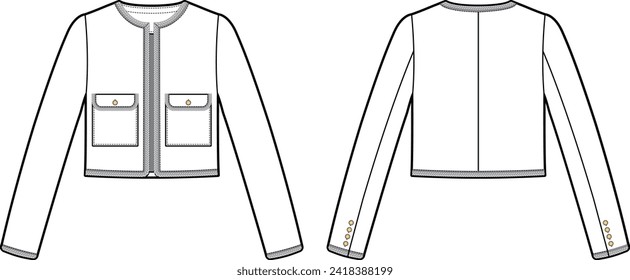 Technical flat sketch of Women's Tweed Jacket. Long sleeve blazer crop jacket with two patch pockets and cording trim. Mock up. 
Non-collar jacket drawing vector template