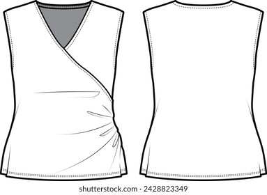 
Technical flat sketch of Wrap sleeveless blouse. V-neck surplice top with gathered details. Pullover and popover. Front and back apparel. Vector mock up Template. 
