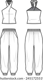 Technical flat sketch of Yoga clothing set. Halter neck top with ribbon detail and open back. Pull on pants with waist e-band and gathering details. Front and back apparel. Vector mock up Template. 