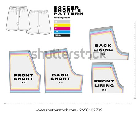 Technical flat of soccer shorts sewing pattern with full-size templates for sportswear production. Includes front, back, and lining pieces for different sizes, ideal for fashion design and garment mak