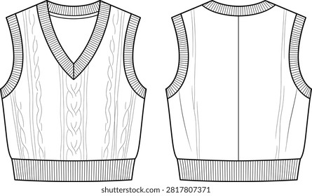 A technical flat vector sketch of a cable knit v-neck sweater vest featuring ribbed trim along the neck, armholes, and hem in front and back views. Perfect for apparel tech packs, fashion CAD templates, knitwear manufacturing specifications, and garment mockups.