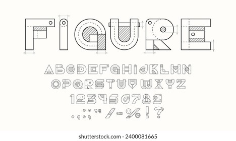 Technical font, architect type or construction typeface English alphabet, vector blueprint typography. Technical drawing letters, architecture draw line ABC text or engineer geometric sketch typeset