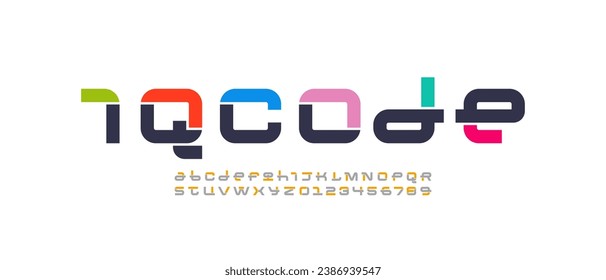 Fuente técnica, alfabeto digital, letras cibernéticas de A a Z y números de 0 a 9 hechos en diseño ciberfuturo, ilustración vectorial 10EPS