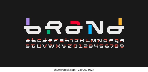 Technical font, digital alphabet, cyber letters from A to Z and numbers from 0 to 9 made in cyber future design, vector illustration 10EPS