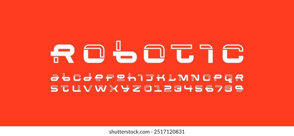 Technical font, digital alphabet, cyber letters from A to Z and numbers from 0 to 9 made in future design, vector illustration 10EPS