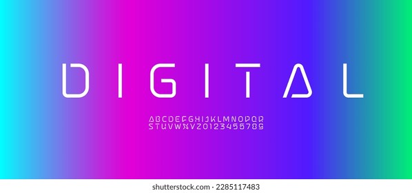 Technical font, digital alphabet, trendy uppercase Latin letters from A to Z and Arab numbers from 0 to 9 for you ui ux designs, vector illustration 10EPS