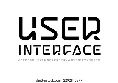 Technical font, digital alphabet, trendy uppercase Latin letters from A to Z and Arab numbers from 0 to 9 for you ui ux designs, vector illustration 10EPS