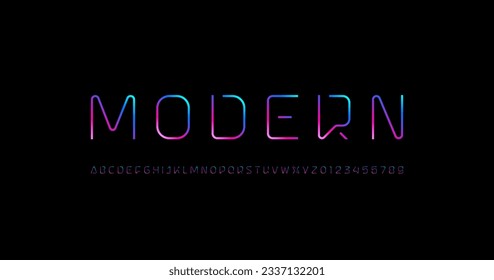 Technical font, digital bright alphabet, trendy modern uppercase Latin letters from A to Z and Arab numbers from 0 to 9, vector illustration 10EPS