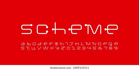 Technical font, digital cyber alphabet, letters A, B, C, D, E, F, G, H, I, J, K, L, M, N, O, P, Q, R, S, T, U, V, W, X, Y, Z and numbers 0, 1, 2, 3, 4, 5, 6, 7, 8, 9, vector illustration 10EPS