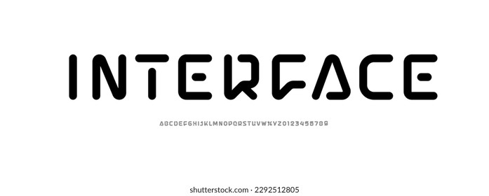 Technische Schriftart, digitales, abgerundetes Alphabet, trendige lateinische Großbuchstaben von A bis Z und arabische Zahlen von 0 bis 9 für Sie in ux-Designs, Vektorgrafik 10EPS