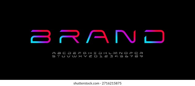 Technische Schriftart, digitales breites Alphabet, Cyber-Buchstaben von A bis Z und Zahlen von 0 bis 9 für Sie Logo-Designs, Vektorgrafik 10EPS