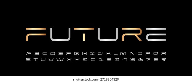 Technical font, digital wide alphabet, cyber golden silver letters from A to Z and numbers from 0 to 9 for you logo designs, vector illustration 10EPS