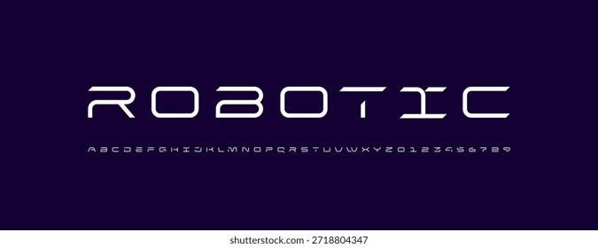 Technical font, digital wide alphabet, cyber white letters from A to Z and numbers from 0 to 9 for you logo designs, vector illustration 10EPS