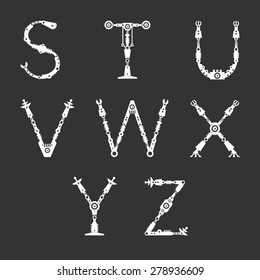 Technical font. Letters S, T, U, V, W, X, Y, Z