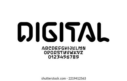Technical font, round modern alphabet, trendy uppercase Latin letters from A to Z and Arab numbers from 0 to 9 for you designs, vector illustration 10EPS