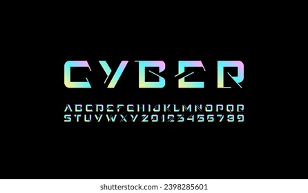 Technical future font, digital cyber alphabet, trendy bright letters from A to Z and numbers from 0 to 9 for interface design, vector illustration 10EPS