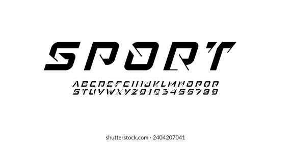 Technical future font, digital cyber alphabet, italic original letters from A to Z and numbers from 0 to 9 for interface design, vector illustration 10EPS