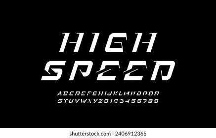 Technical future font, digital cyber alphabet, italic white letters from A to Z and numbers from 0 to 9 for interface design, vector illustration 10EPS