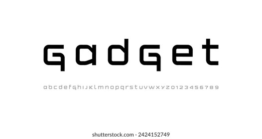 Fuente técnica futura, alfabeto digital, letras en minúsculas a, B, C, D, E, F, G, H, I, J, K, L, M, N, O, P, Q, R, S, T, U, V, W, X, Y, Z y números 0, 1, 2, 3, 4, 5, 6, 7, 8, 9, vector