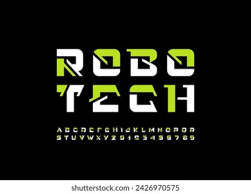 Technical future font, digital cyber alphabet, multi-colored bold letters from A to Z and numbers from 0 to 9 for robotic style design, vector illustration 10EPS