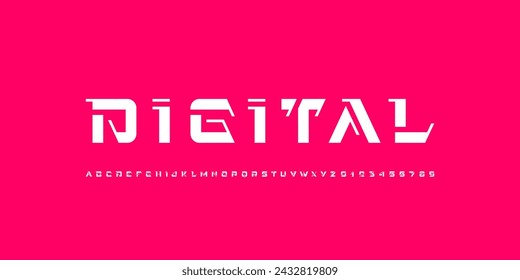 Technical future font, digital cyber alphabet, trendy letters from A to Z and numbers from 0 to 9 for robotic style design, vector illustration 10EPS