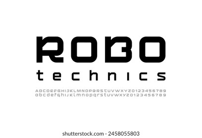 Technical future font, digital cyber alphabet, lowercase and uppercase letters A, B, C, D, E, F, G, H, I, J, K, L, M, N, O, P, Q, R, S, T, U, V, W, X, Y, Z and numbers 0, 1, 2, 3, 4, 5, 6, 7, 8, 9