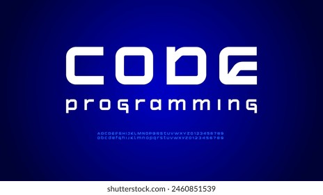 Technical future font, digital cyber alphabet, lowercase and uppercase thick letters A, B, C, D, E, F, G, H, I, J, K, L, M, N, O, P, Q, R, S, T, U, V, W, X, Y, Z and numbers 0, 1, 2, 3, 4, 5, 6, 7, 8,