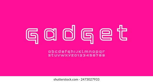 Technical future font, digital cyber alphabet, trendy lowercase letters A, B, C, D, E, F, G, H, I, J, K, L, M, N, O, P, Q, R, S, T, U, V, W, X, Y, Z and numerals 0, 1, 2, 3, 4, 5, 6, 7, 8, 9 outlines 