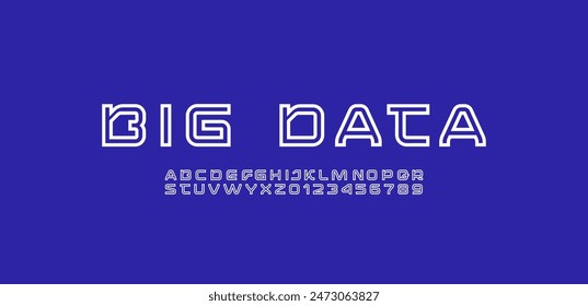 Technical future font, digital cyber alphabet, trendy uppercase letters A, B, C, D, E, F, G, H, I, J, K, L, M, N, O, P, Q, R, S, T, U, V, W, X, Y, Z and numerals 0, 1, 2, 3, 4, 5, 6, 7, 8, 9 outlines 