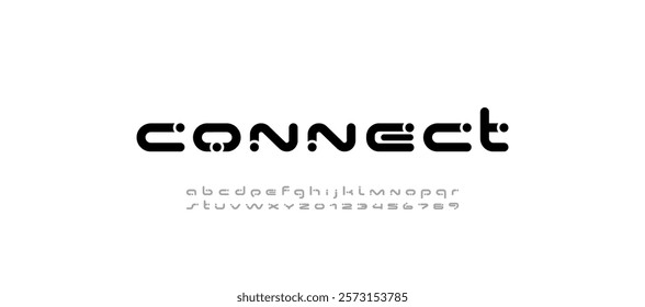 Technical future font, digital cyber alphabet, letters A, B, C, D, E, F, G, H, I, J, K, L, M, N, O, P, Q, R, S, T, U, V, W, X, Y, Z and numerals 0, 1, 2, 3, 4, 5, 6, 7, 8, 9, vector illustration 10EPS